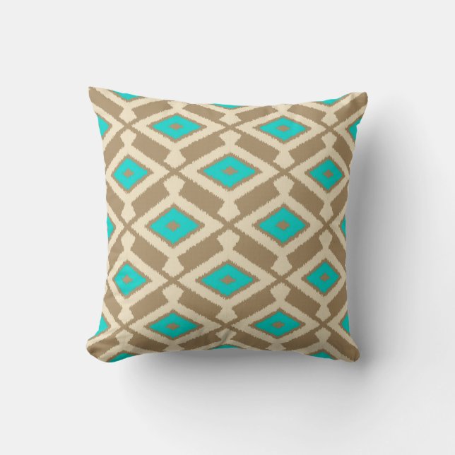 Almofada Padrão Ikat - Turquesa, Taupe e Bege (Frente)