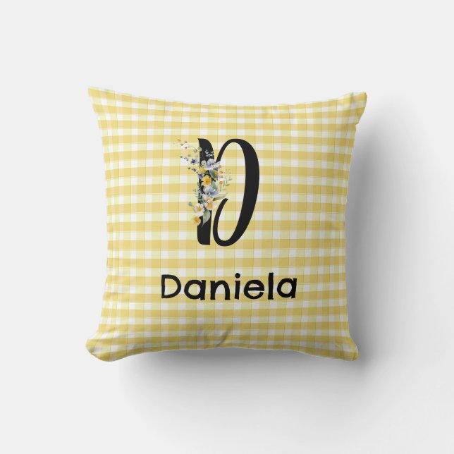 Almofada Padrão inicial de gingham de flor de aquarela mono (Frente)