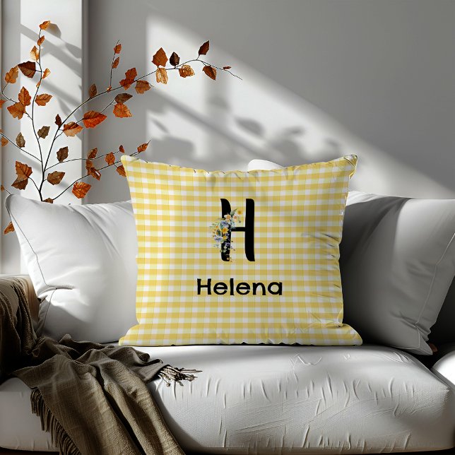 Almofada Padrão inicial de gingham de flor de aquarela mono (Criador carregado)