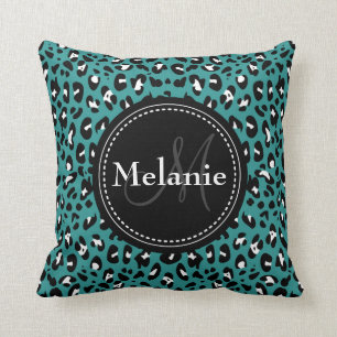 Almofada Padrão-Leopardo Branco Preto-Teal Monograma