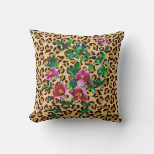 Almofada Padrão-leopardo das Rosas de aquarelas da vinhagem