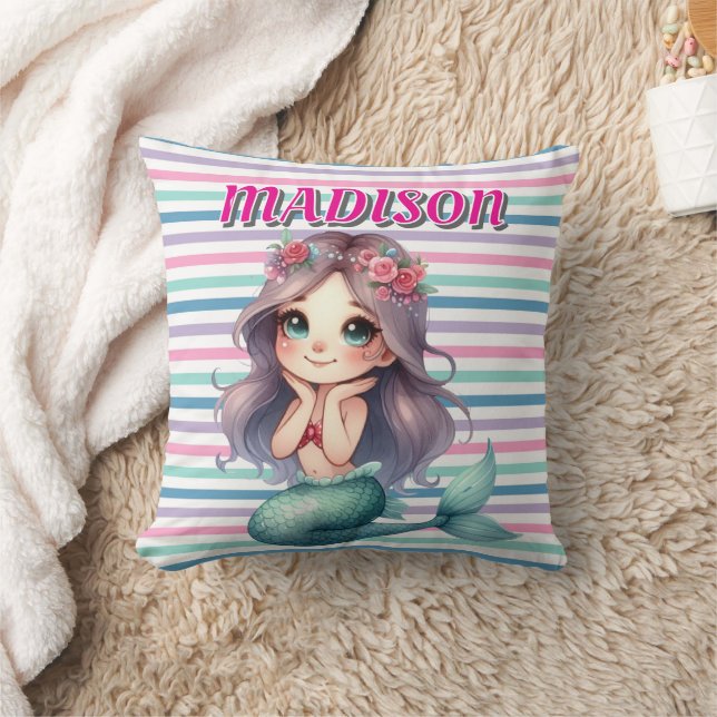 Almofada Padrão listrado de Sereia Rosa Personalizado (Cobertor)