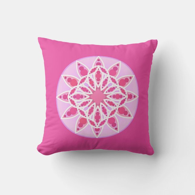 Almofada Padrão Mandala em rosa, fúcsia e branco (Frente)