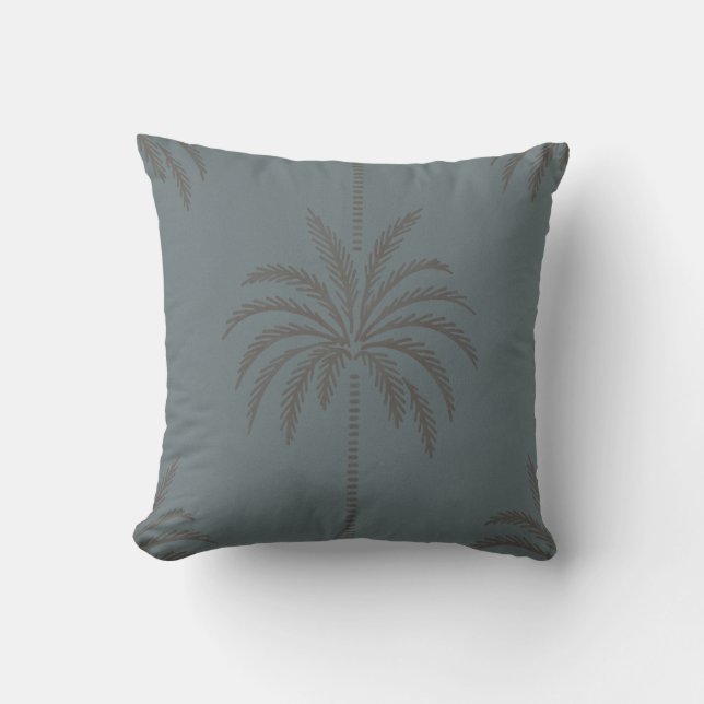 Almofada Padrão Mínimo de Palmeira Azul Cinza Tropical (Frente)