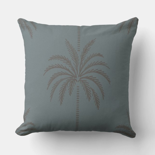 Almofada Padrão Mínimo de Palmeira Azul Cinza Tropical (Frente)