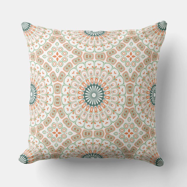 Almofada Padrão Moderno de Mandala Laranja e Verde (Frente)