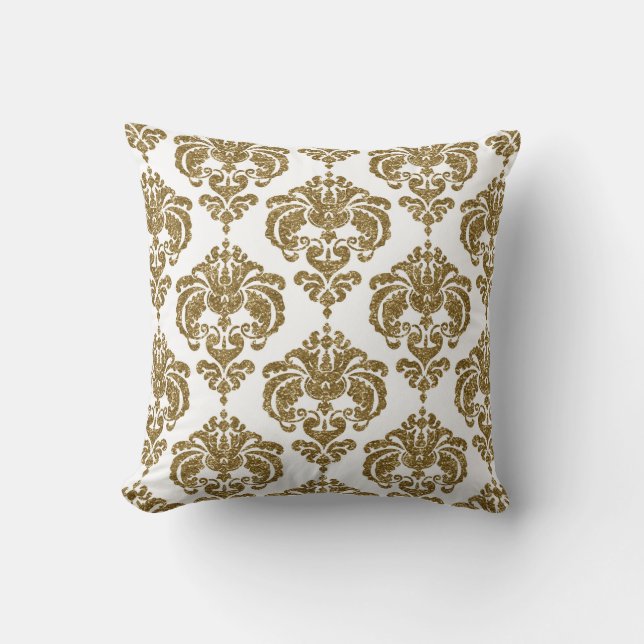 Almofada Padrão Moderno Glitter Dourado e Branco Damask Chi (Frente)
