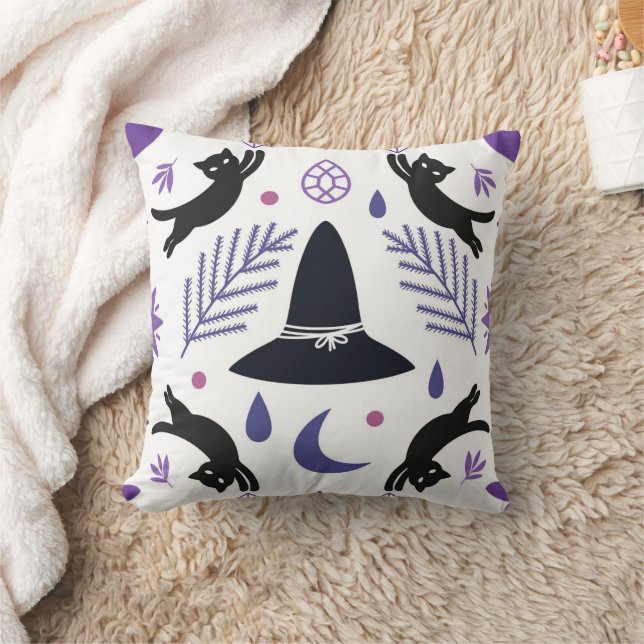 Almofada Padrão Moderno Witchcore com Gatos Pretos e Bruxa (Cobertor)