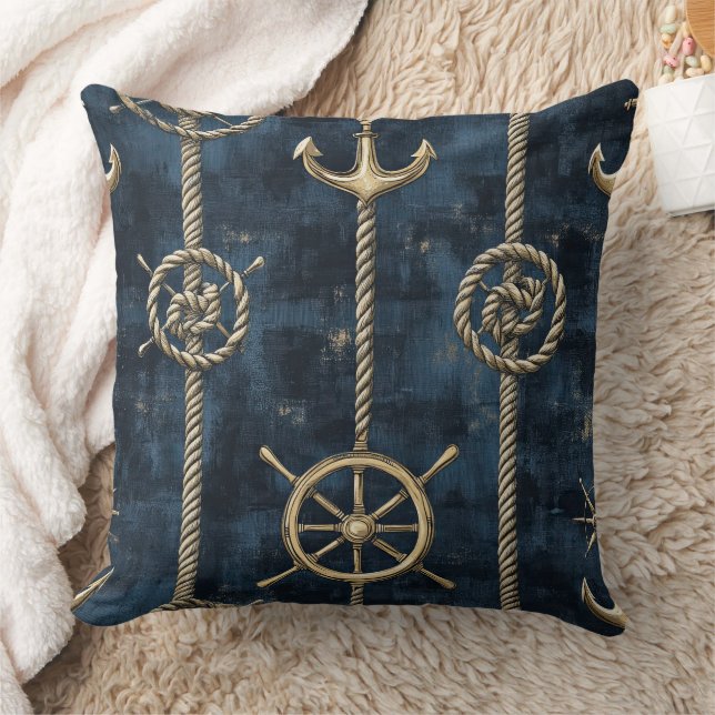 Almofada Padrão Náutico Âncora e Leme Dourado (Cobertor)