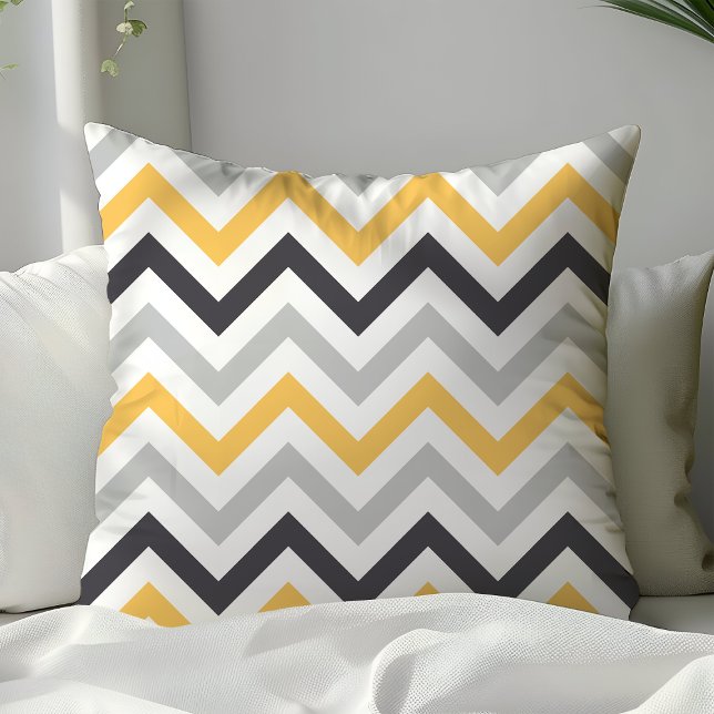 Almofada Padrão Negra Amarelo e Cinza Zigzag Chevron (Criador carregado)
