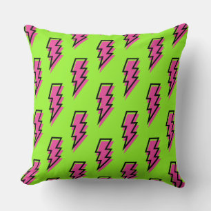 Almofada Padrão Neon Green & Pink Lightning Bolt do anos 80