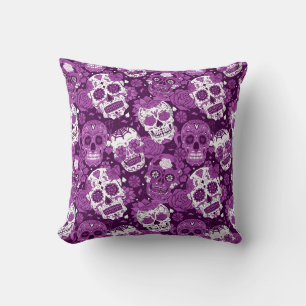 Almofada Padrão ornamental floral de caveira de açúcar roxo