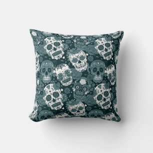 Almofada padrão ornamental floral de crânio de açúcar azul
