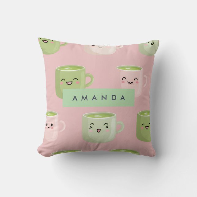 Almofada Padrão Personalizado de Pastel Kawaii Matcha Tea (Frente)