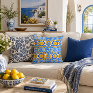 Almofada Padrão Português Azul Amarelo Mediterrâneo