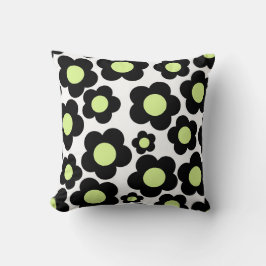 Almofada Padrão Preto de Flor de Hippie Verde Neon