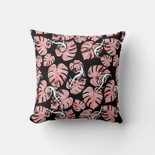 Almofada Padrão Preto e Rosa - Lagartixas e Folhas (Frente)