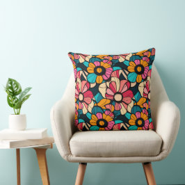 Almofada Padrão Retro Floral Fantástico em Berry & Orange