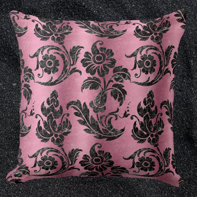 Almofada Padrão Rosa Vintage Black Floral Damask (Criador carregado)