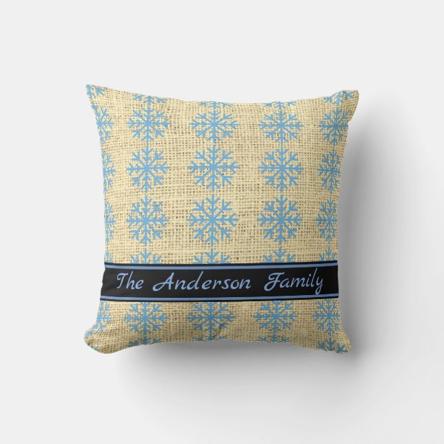 Almofada Padrão Rustic Burlap Blue Snowflake Personalizado (Frente)