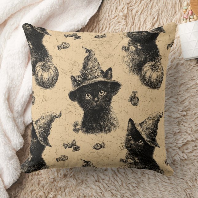 Almofada Padrão Rustic Vintage Black Cat Witch Halloween (Cobertor)