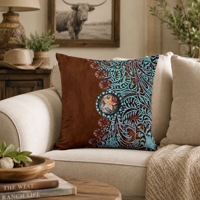 Almofada Padrão rústico marrom turquesa ocidental country  (Rustic brown turquoise western country pattern throw pillow)
