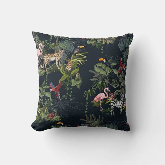 Almofada Padrão sem costura com animais da selva, flores e  (Frente)