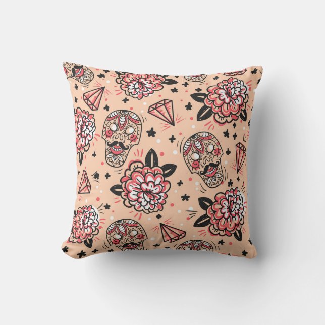 Almofada Padrão sem costura com rosas, diamantes e  (Frente)