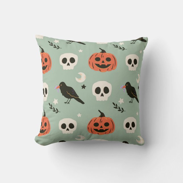 Almofada Padrão sem costura do Halloween com ravens, crânio (Frente)