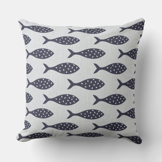 Almofada Padrão Texturizado de Peixe de Verão Azul Branco (Frente)