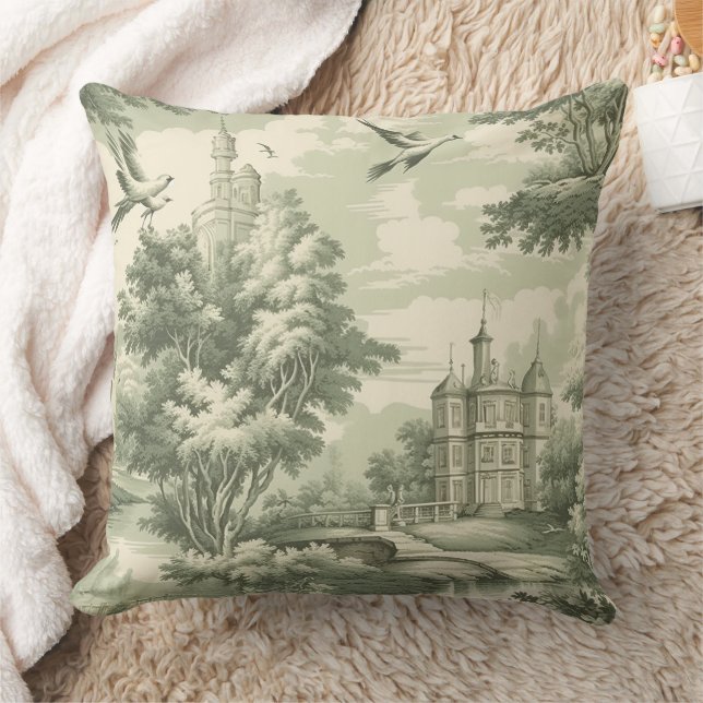Almofada Padrão Toile Verde Francês Histórico Cênico (Cobertor)
