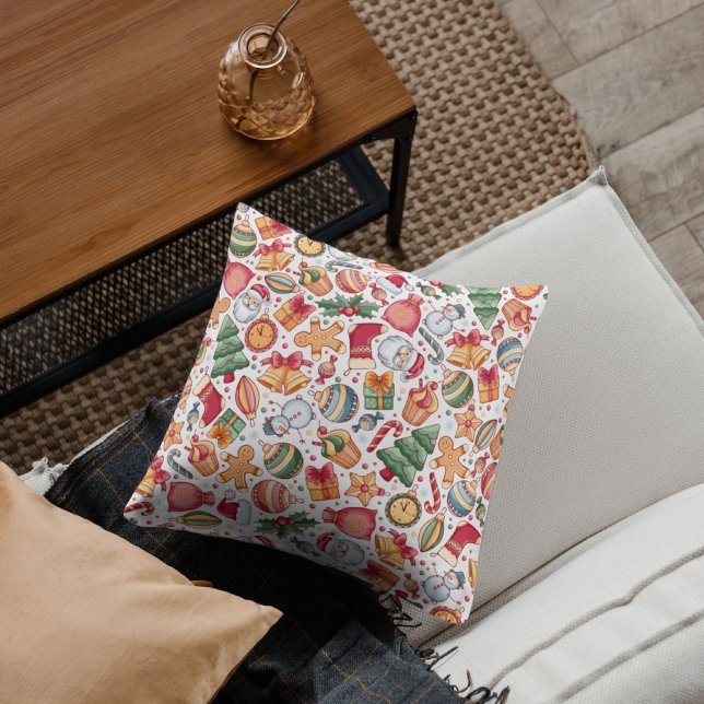 Almofada Padrão tradicional de aquarela festiva Papais noei (Merry Christmas and happy new year Santa ho ho ho)