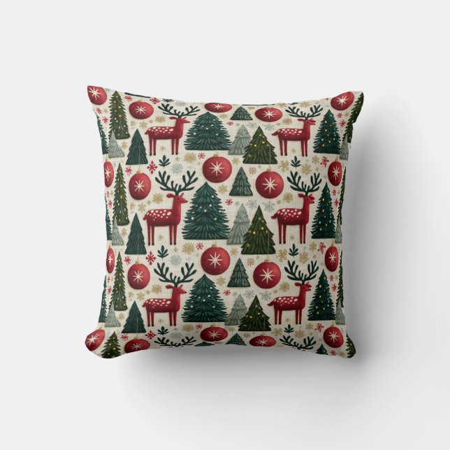 Almofada Padrão Tradicional de Árvore de Natal com Rena (Frente)