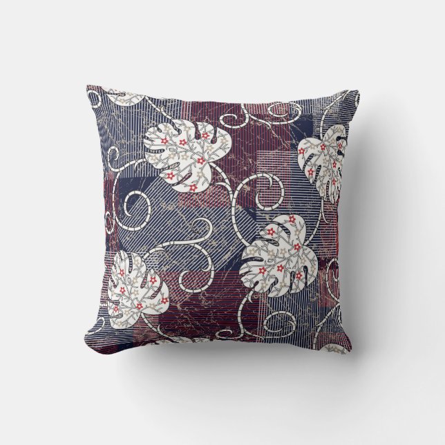 Almofada padrão tradicional de listras e folhas (Frente)