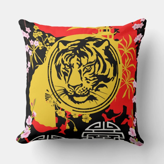 Almofada Padrão tradicional de tigre chinês decorativo verm (Frente)