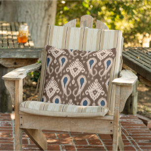 Almofada Padrão Tribal Azul De Ikat Marrom escuro Bonito