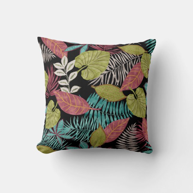 Almofada Padrão tropical feito com fundo escuro e chumbo (Frente)