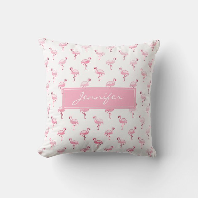 Almofada Padrão Tropical Flamingo Monograma Rosa em Branco (Frente)
