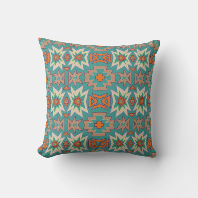 Almofada Padrão Turquesa Laranja Tribal Sudoeste  (Frente)