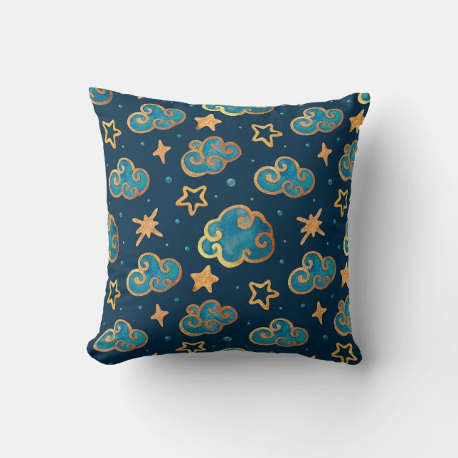 Almofada Padrão uniforme de aquarelas com a lua, estrelas,  (Frente)