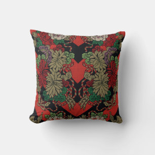 Almofada Padrão Vermelho Preto Floral Peônia Japonês Vintag