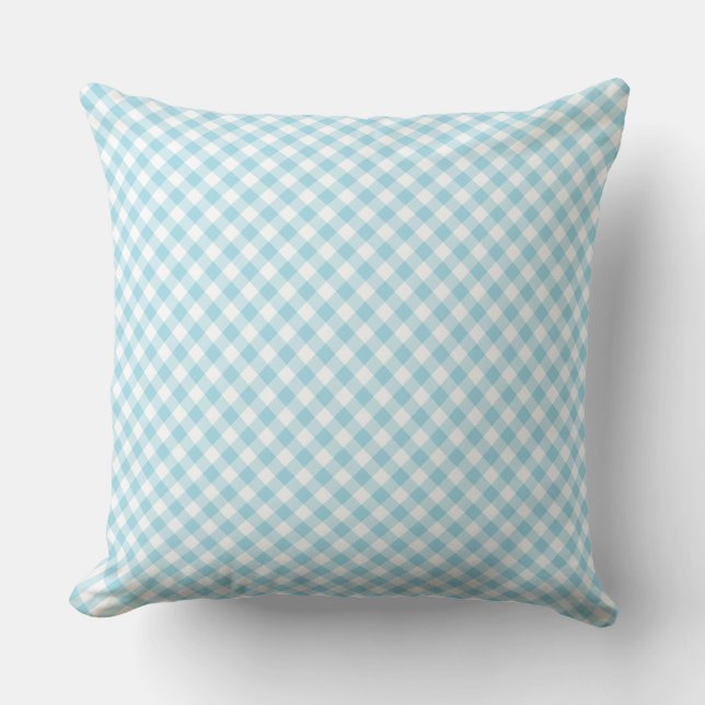 Almofada Padrão Xadrez Gingham Diagonal Branco Azul Claro (Frente)