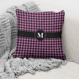 Almofada Padrão Xadrez Gingham Rosa Preto Monograma