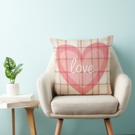 ALMOFADA PADRÃO XADREZ TAN COM CORAÇÃO DE VALENTIM ROSA