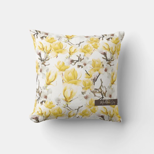 Almofada Padrões de Aquarela Amarelo e Branco Magnolia Flor (Frente)