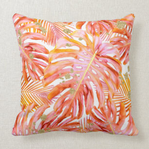 Almofada Padrões de Folha Tropicais Coral e Rosa Dourado G
