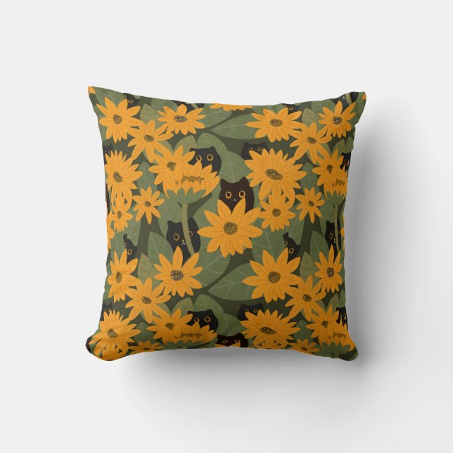 Almofada Padrões de Gato Negro e Girassol (Frente)