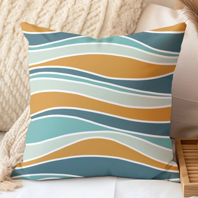 Almofada Padrões de Linhas Ondas Retroativas Laranja, Teal, (Criador carregado)