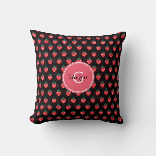 Almofada Padrões de morango preto rosa fofo monograma (Frente)