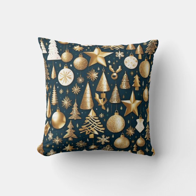 Almofada Padrões de Natal - decoração de ouro e ornamentos  (Frente)